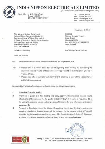 Miniature India Nippon Electricals Rapport trimestriel 2018-q2