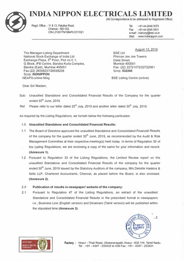Miniature India Nippon Electricals Rapport trimestriel 2019-q1