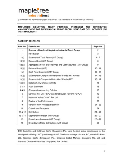 Miniature Mapletree Industrial Trust Bilan financier 2010