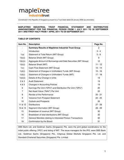 Miniature Mapletree Industrial Trust Bilan financier 2011-h1
