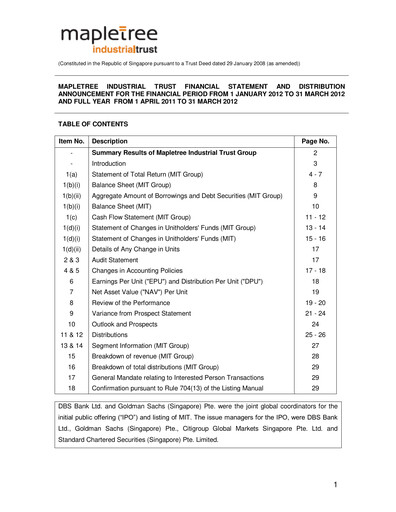 Miniature Mapletree Industrial Trust Bilan financier 2011