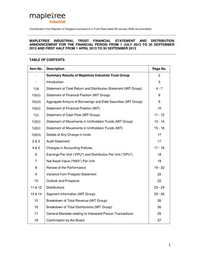 Miniature Mapletree Industrial Trust Bilan financier 2013-h1