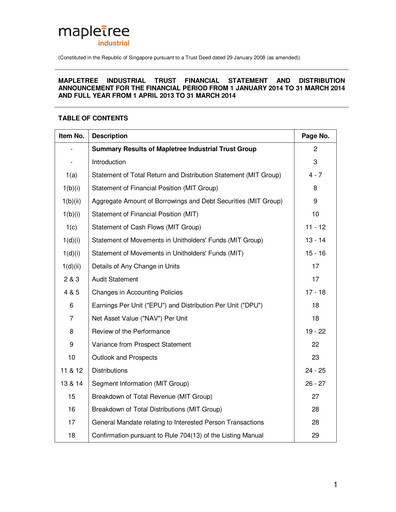 Miniature Mapletree Industrial Trust Bilan financier 2013