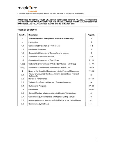 Thumbnail Mapletree Industrial Trust Financial Statement 2026