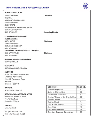 Thumbnail India Motor Parts and Accessories Annual Report 2007-2008