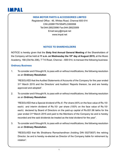 Thumbnail India Motor Parts and Accessories Annual Report 2014-2015