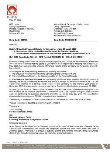 Thumbnail Foseco India
 Quarterly Report 2020-q1