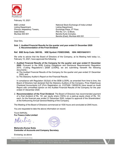 Thumbnail Foseco India
 Quarterly Report 2020-q4