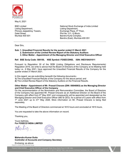 Thumbnail Foseco India
 Quarterly Report 2021-q1