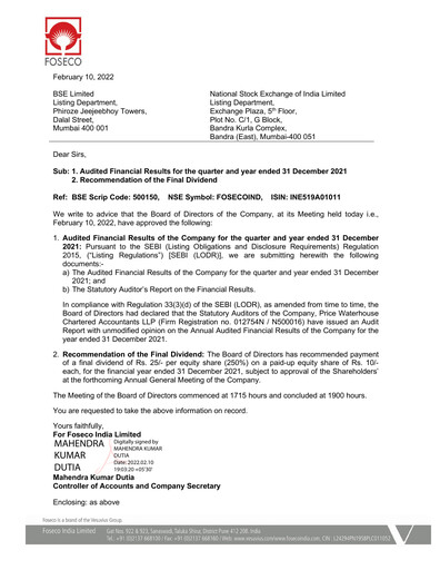 Thumbnail Foseco India
 Quarterly Report 2021-q4