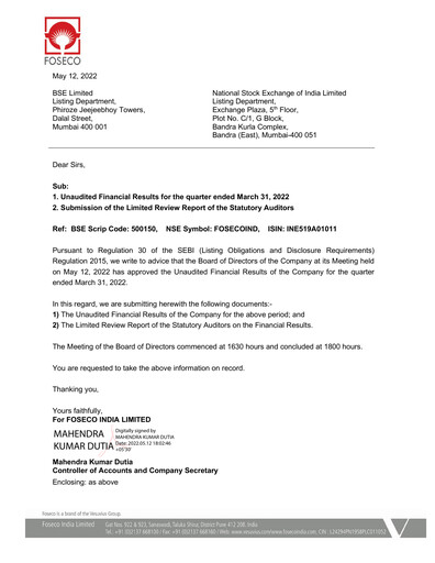 Thumbnail Foseco India
 Quarterly Report 2022-q1