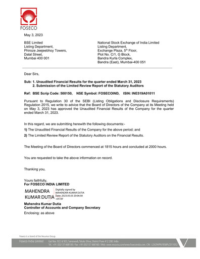 Thumbnail Foseco India
 Quarterly Report 2023-q1