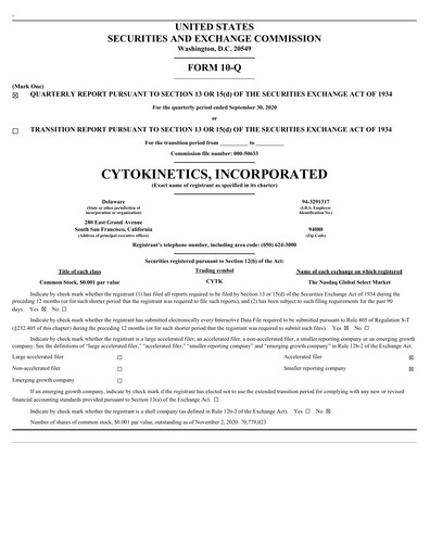 Vorschaubild Cytokinetics
 Quartalsbericht 2020-q3