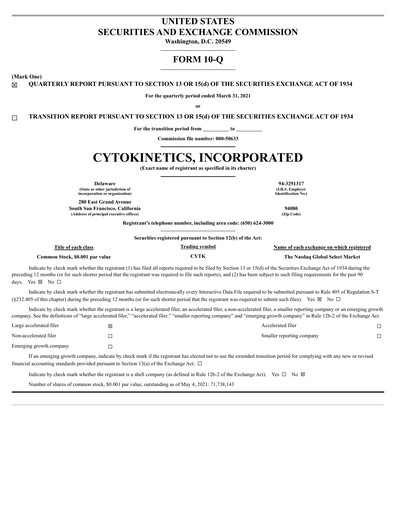 Vorschaubild Cytokinetics
 Quartalsbericht 2021-q1