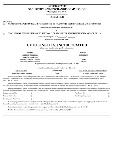Vorschaubild Cytokinetics
 Quartalsbericht 2021-q3