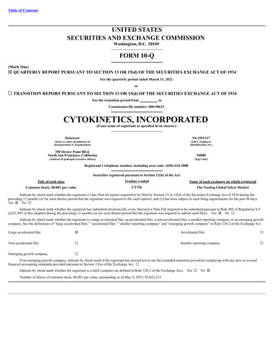 Vorschaubild Cytokinetics
 Quartalsbericht 2022-q1
