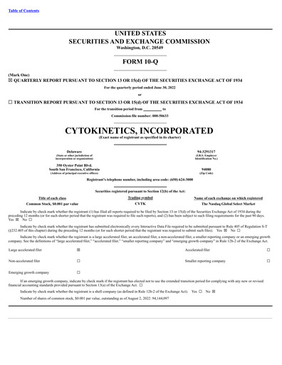 Vorschaubild Cytokinetics
 Quartalsbericht 2022-q2