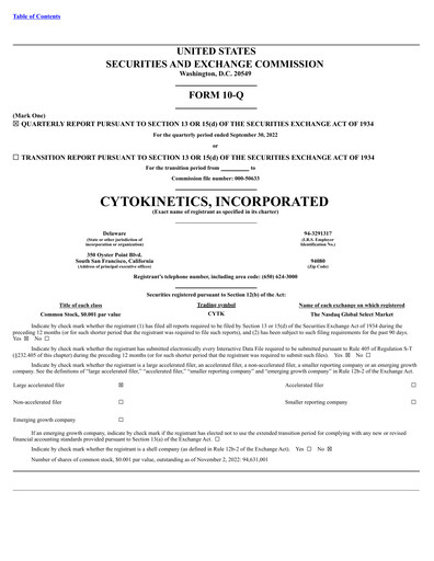 Vorschaubild Cytokinetics
 Quartalsbericht 2022-q3