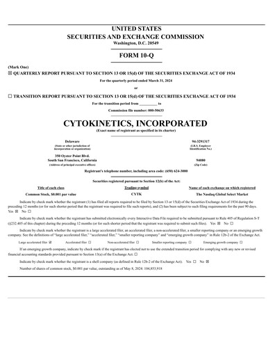 Vorschaubild Cytokinetics
 Quartalsbericht 2024-q1