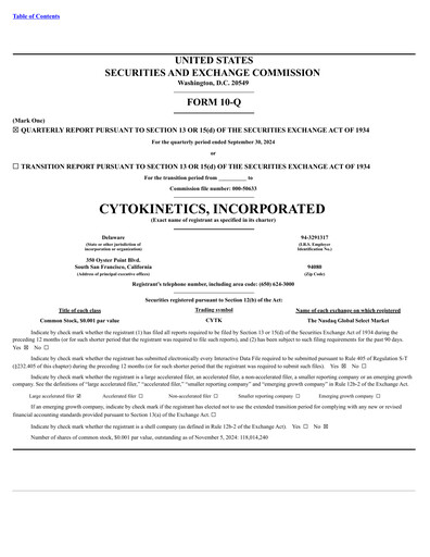 Vorschaubild Cytokinetics
 Quartalsbericht 2024-q3