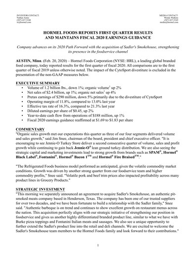 Thumbnail Hormel Foods Quarterly Report 2020-q1