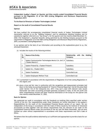 Thumbnail Sasken Technologies
 Quarterly Report 2022-q3