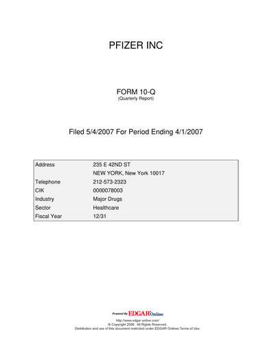 Thumbnail Pfizer Quarterly Report 2007-q1