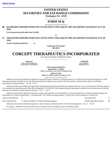 Thumbnail Corcept Therapeutics
 Quarterly Report 2009-q2