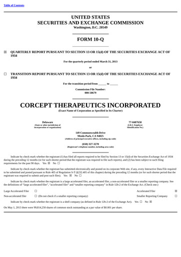 Thumbnail Corcept Therapeutics
 Quarterly Report 2013-q1