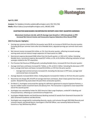 Thumbnail Huntington Bancshares
 Quarterly Report 2022-q1