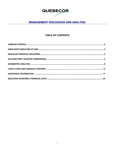 Thumbnail Quebecor Quarterly Report 2010-q1