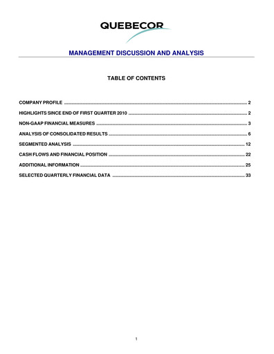 Thumbnail Quebecor Quarterly Report 2010-q2