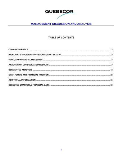 Thumbnail Quebecor Quarterly Report 2010-q3