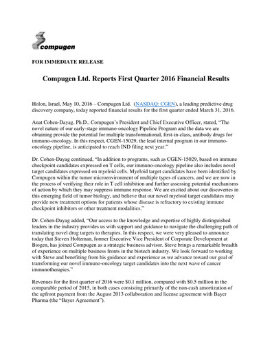 Thumbnail Compugen Quarterly Report 2016-q1