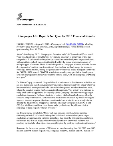 Thumbnail Compugen Quarterly Report 2016-q2