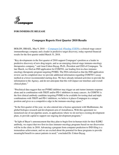 Thumbnail Compugen Quarterly Report 2018-q1