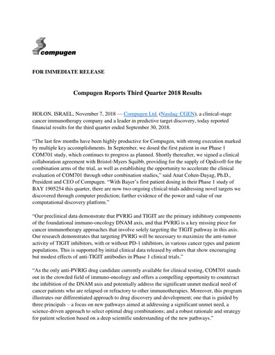 Thumbnail Compugen Quarterly Report 2018-q3