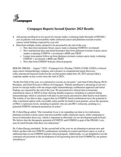 Thumbnail Compugen Quarterly Report 2023-q2