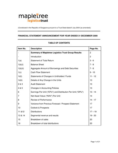 Thumbnail Mapletree Logistics Trust Financial Statement 2009