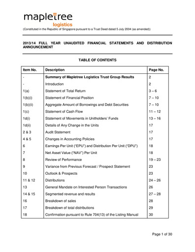 Thumbnail Mapletree Logistics Trust Financial Statement 2013-2014