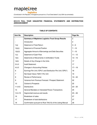 Thumbnail Mapletree Logistics Trust Financial Statement 2014-2015