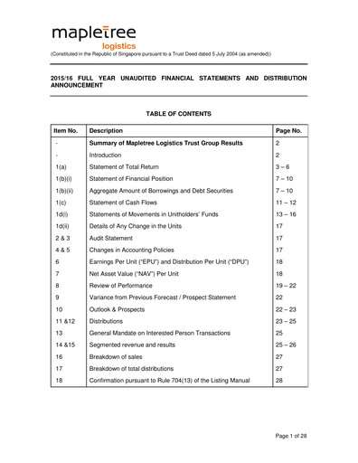 Thumbnail Mapletree Logistics Trust Financial Statement 2015-2016