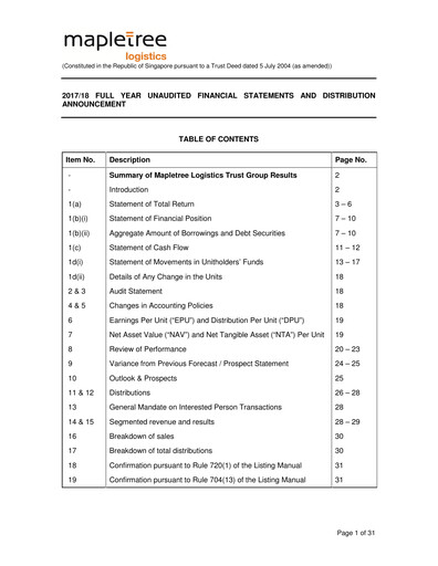 Thumbnail Mapletree Logistics Trust Financial Statement 2017-2018