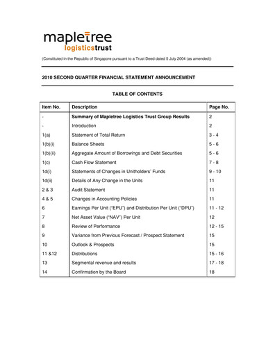 Thumbnail Mapletree Logistics Trust Quarterly Report 2010-q2