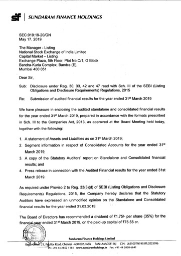 Thumbnail Sundaram Finance Financial Statement 2018-2019