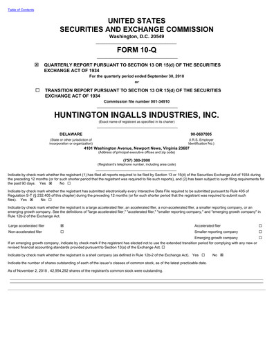 Miniature Huntington Ingalls Industries
 Rapport trimestriel 2018-q3