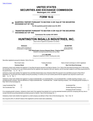 Miniature Huntington Ingalls Industries
 Rapport trimestriel 2019-q2