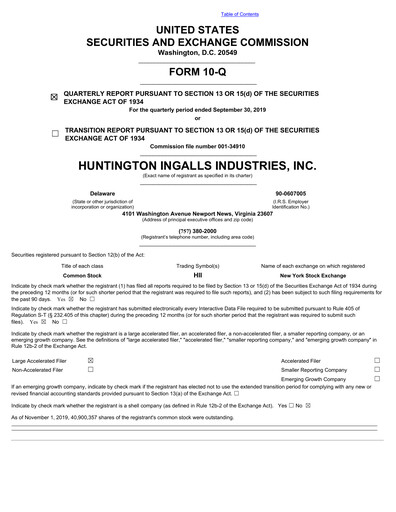 Miniature Huntington Ingalls Industries
 Rapport trimestriel 2019-q3