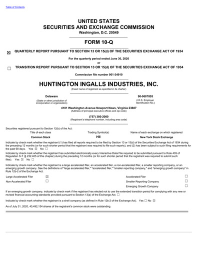 Miniature Huntington Ingalls Industries
 Rapport trimestriel 2020-q2