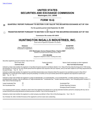 Miniature Huntington Ingalls Industries
 Rapport trimestriel 2020-q3